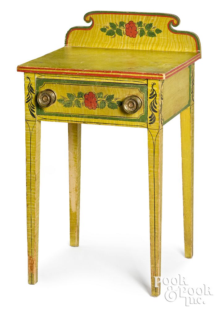 Appraisal: Maine painted pine one-drawer stand ca Vibrant Maine painted pine