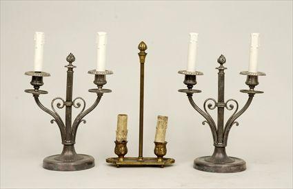 Appraisal: Pair of Adam-Style Silverplate Two-Light Candelabra Together with a brass