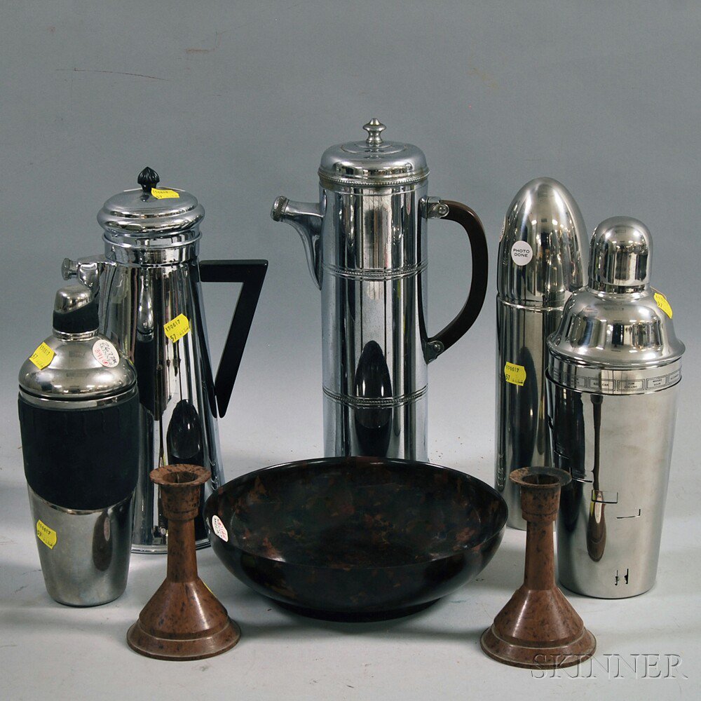 Appraisal: Five Cocktail Shakers a Bowl and a Pair of Candlesticks