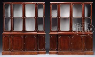 Appraisal: PAIR OF GEORGIAN STYLE MAHOGANY BREAKFRONT BOOKCASES Mid th century