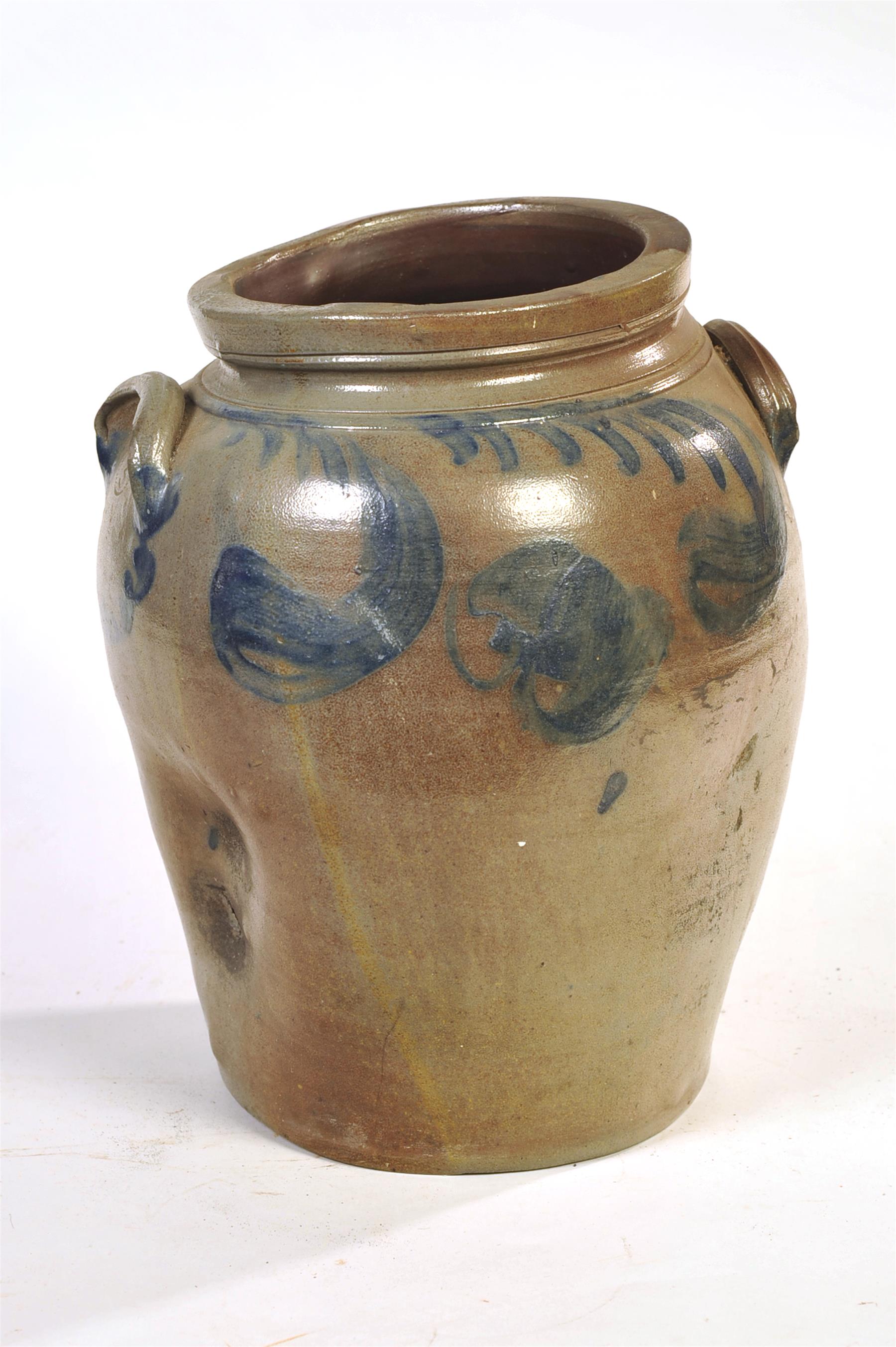 Appraisal: MISSHAPEN FOUR-GALLON STONEWARE JAR WITH FREEHAND COBALT DECORATION American th