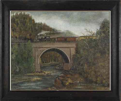 Appraisal: Oil on canvas primitive landscape with locomotive attributed to John