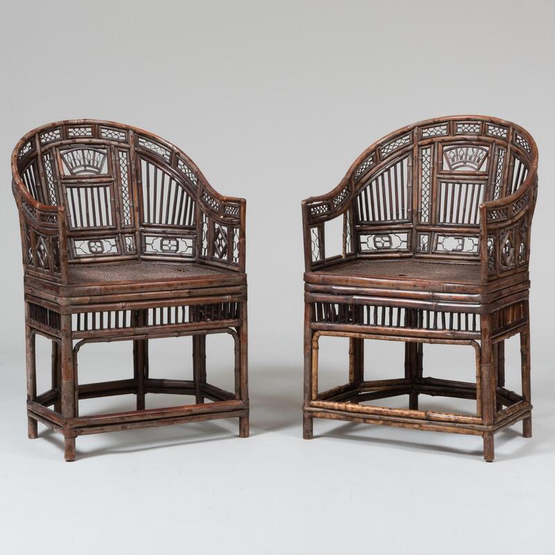 Appraisal: Pair of Regency Bamboo and Caned Tub Chairs x x