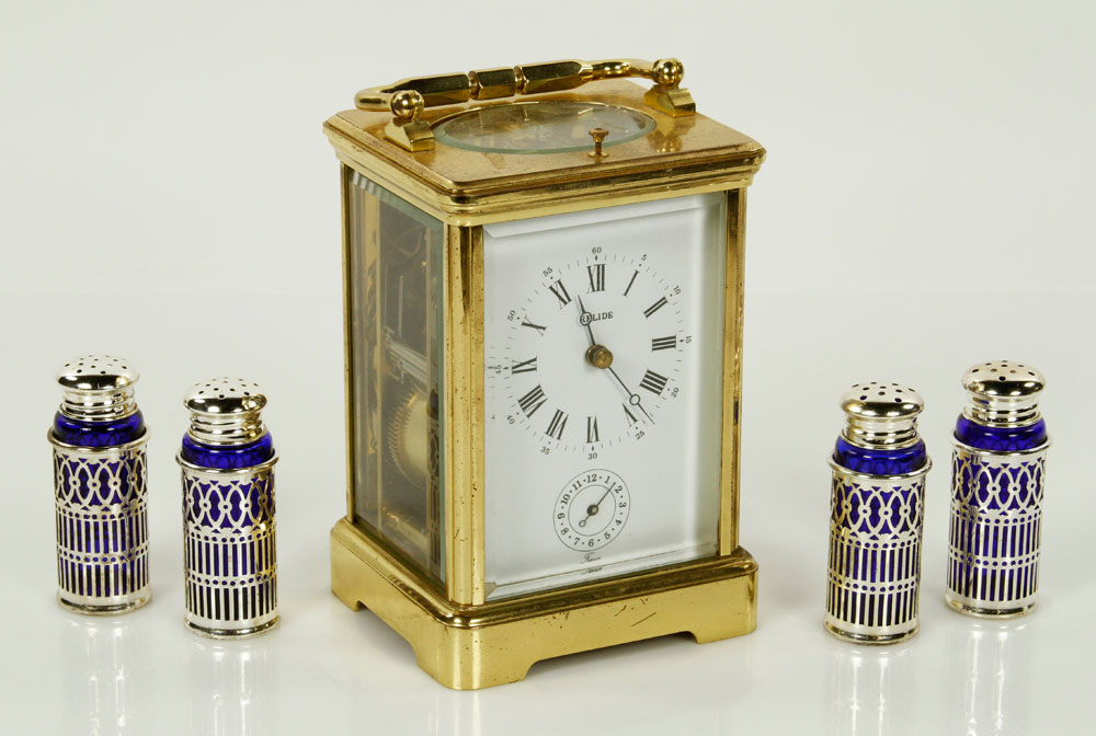 Appraisal: - French Relide Carriage Clock and Salt and Pepper Set