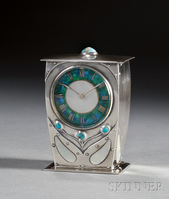 Appraisal: Liberty Company Cymric Sterling Enamel and Mother-of-Pearl Boudoir Timepiece Birmingham