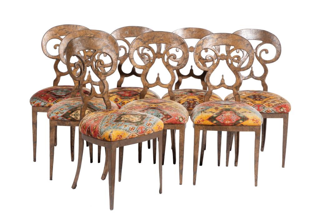 Appraisal: Eight Contemporary Biedermeier-Style Patinated Metal Side Chairs scrolled seat back