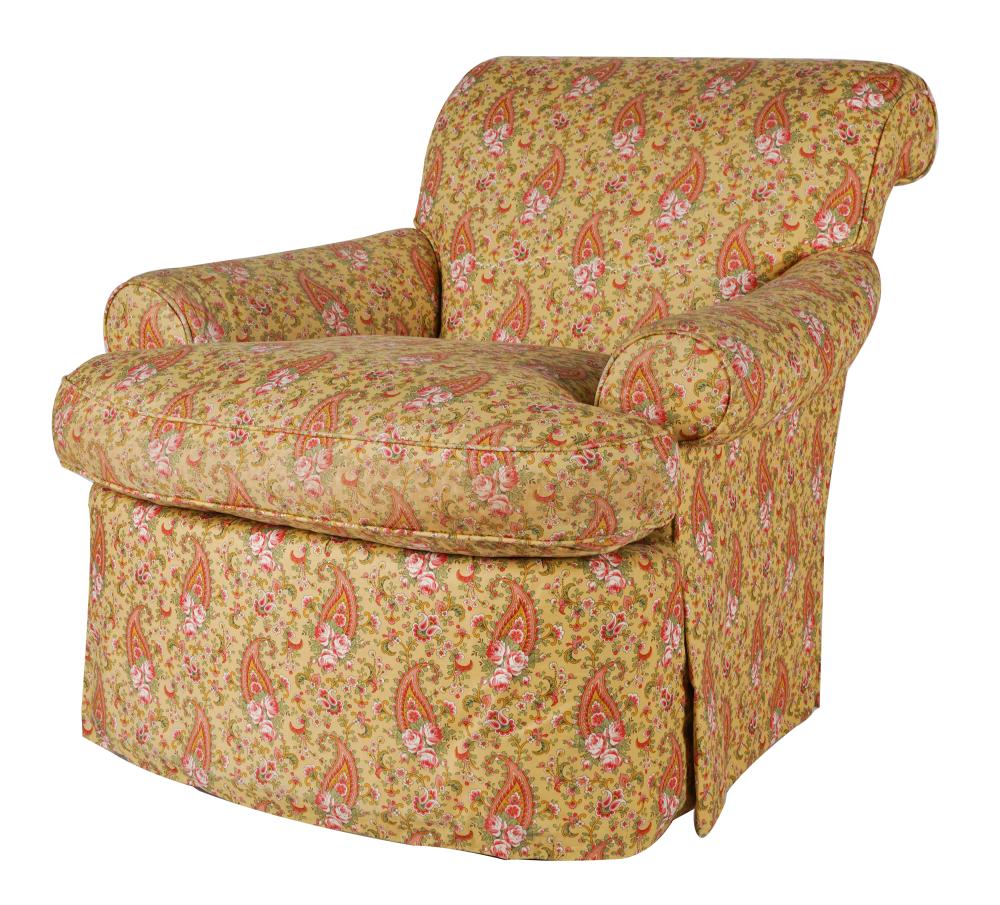 Appraisal: FLORAL UPHOLSTERED SWIVEL ARMCHAIRmanufacturere unknown covered with printed cotton inches