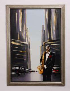 Appraisal: Oil on canvas of a jazz musician signed h Oversized