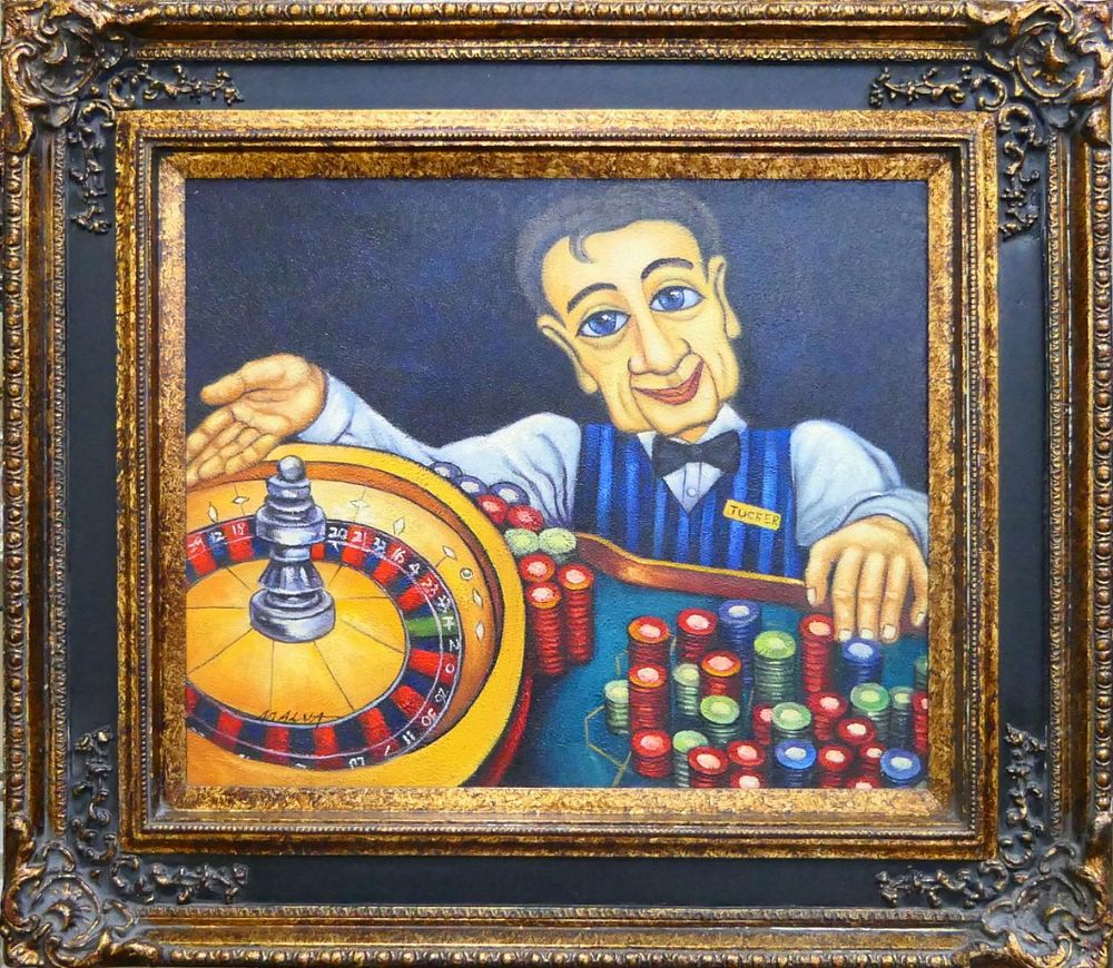 Appraisal: WHIMSICAL OIL CANVAS OF THE ROULETTE DEALER Signed Malvi measures