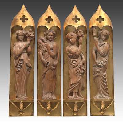 Appraisal: Four Monumental Carved Wood Seasons Figures in Gilt Gothic Brackets