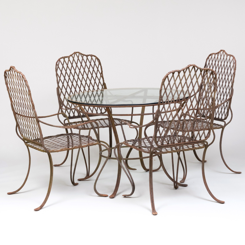 Appraisal: FOUR FAUX BOIS METAL GARDEN ARMCHAIRS WITH MATCHING DINING TABLE