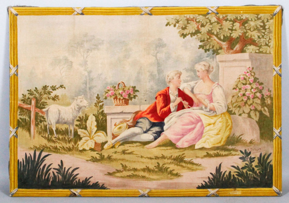 Appraisal: A - Figures in a Garden Painting on Tapestry th