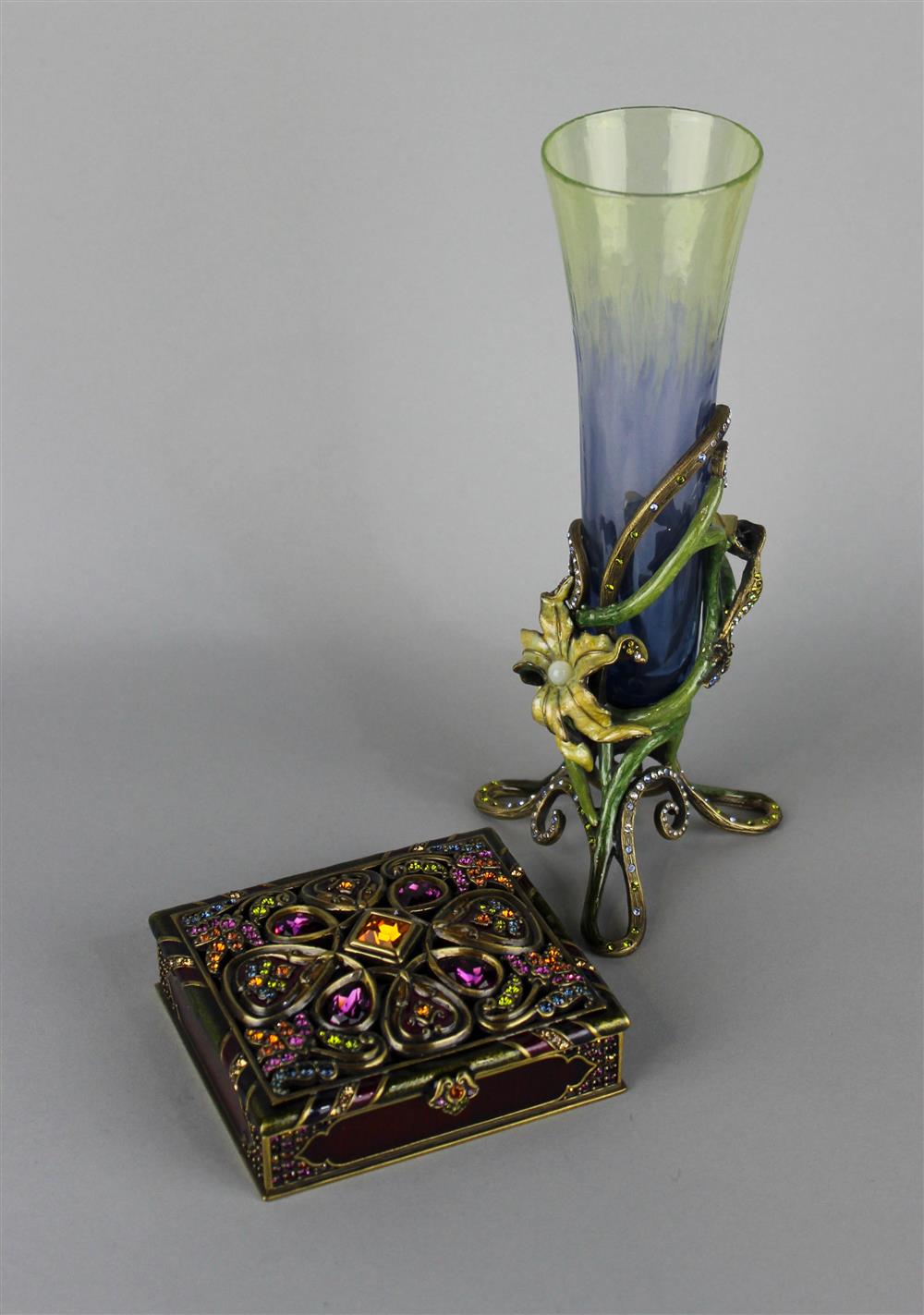 Appraisal: JAY STRONGWATER TRUMPET GLASS VASE ON JEWELED ENAMELED STAND WITH