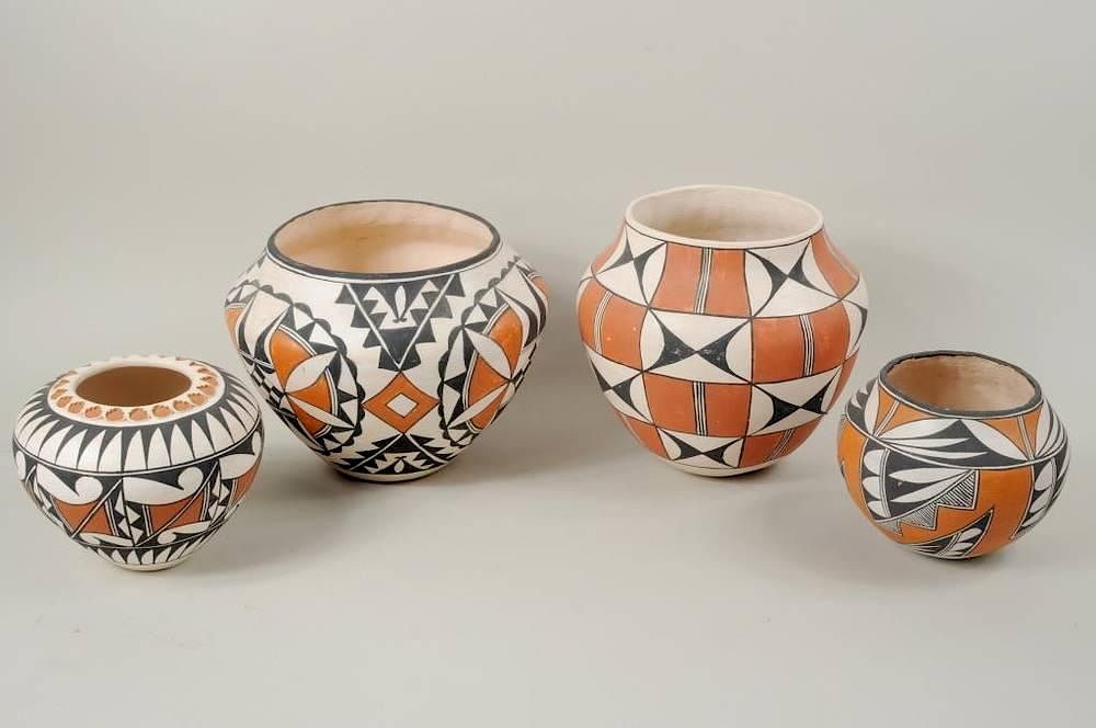 Appraisal: Four Vintage Acoma Pots Four vintage Acoma pots largest signed