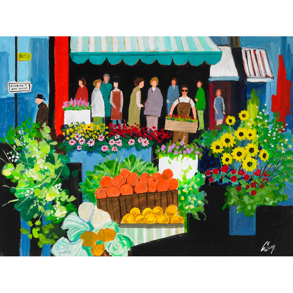 Appraisal: ARTHUR EVOY THE FLOWER MARKET oil on canvas signed x