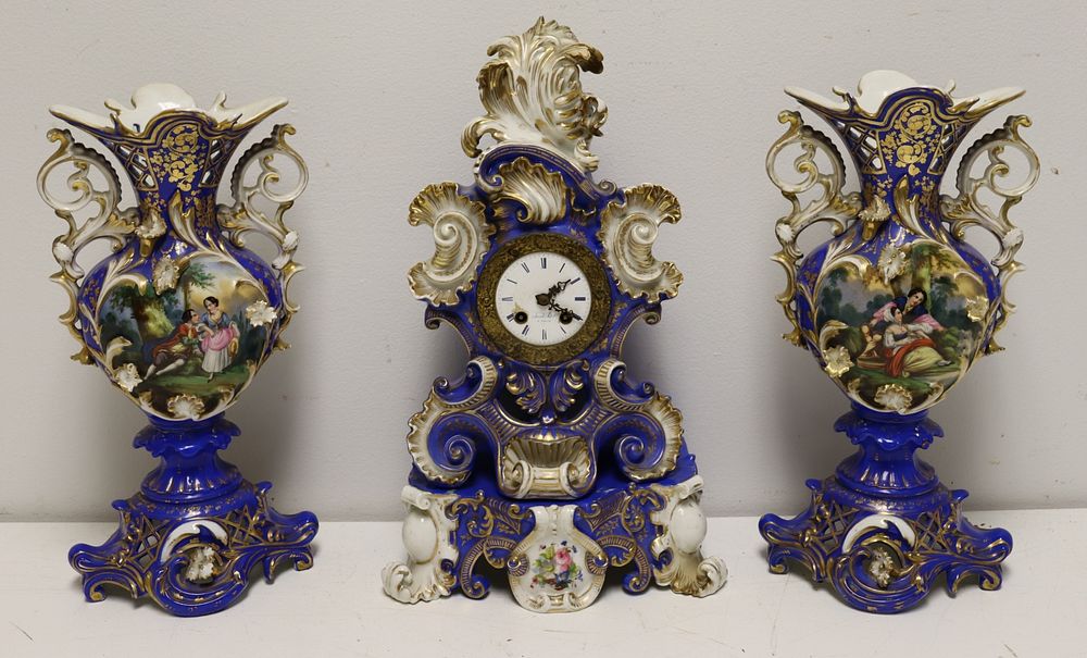 Appraisal: Old Paris Porcelain Clock Garniture Set Clock Signed Jacob Petit