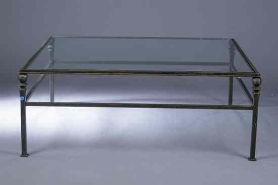 Appraisal: CONTEMPORARY METAL LOW TABLE Custom-made Square inset glass top raised