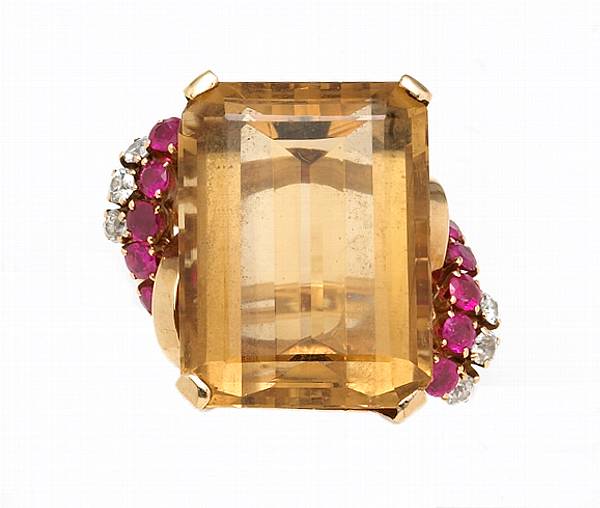 Appraisal: A retro citrine ruby diamond and fourteen karat gold ring