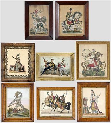 Appraisal: Six English Tinsel Hand-Colored Engravings Framed Together with two hand-colored