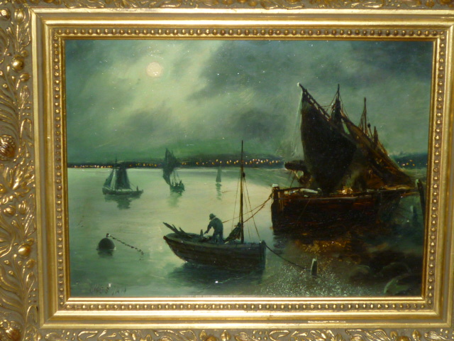 Appraisal: WALTER MEEGAN - Moonlit Harbour oil on board signed x