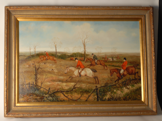 Appraisal: W Larsen Oil on Canvas of Fox Hunting Scene signed