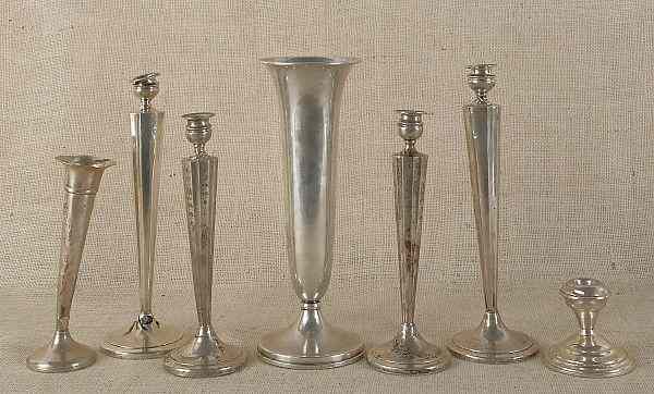 Appraisal: Group of weighted sterling silver to include candlesticks a vase