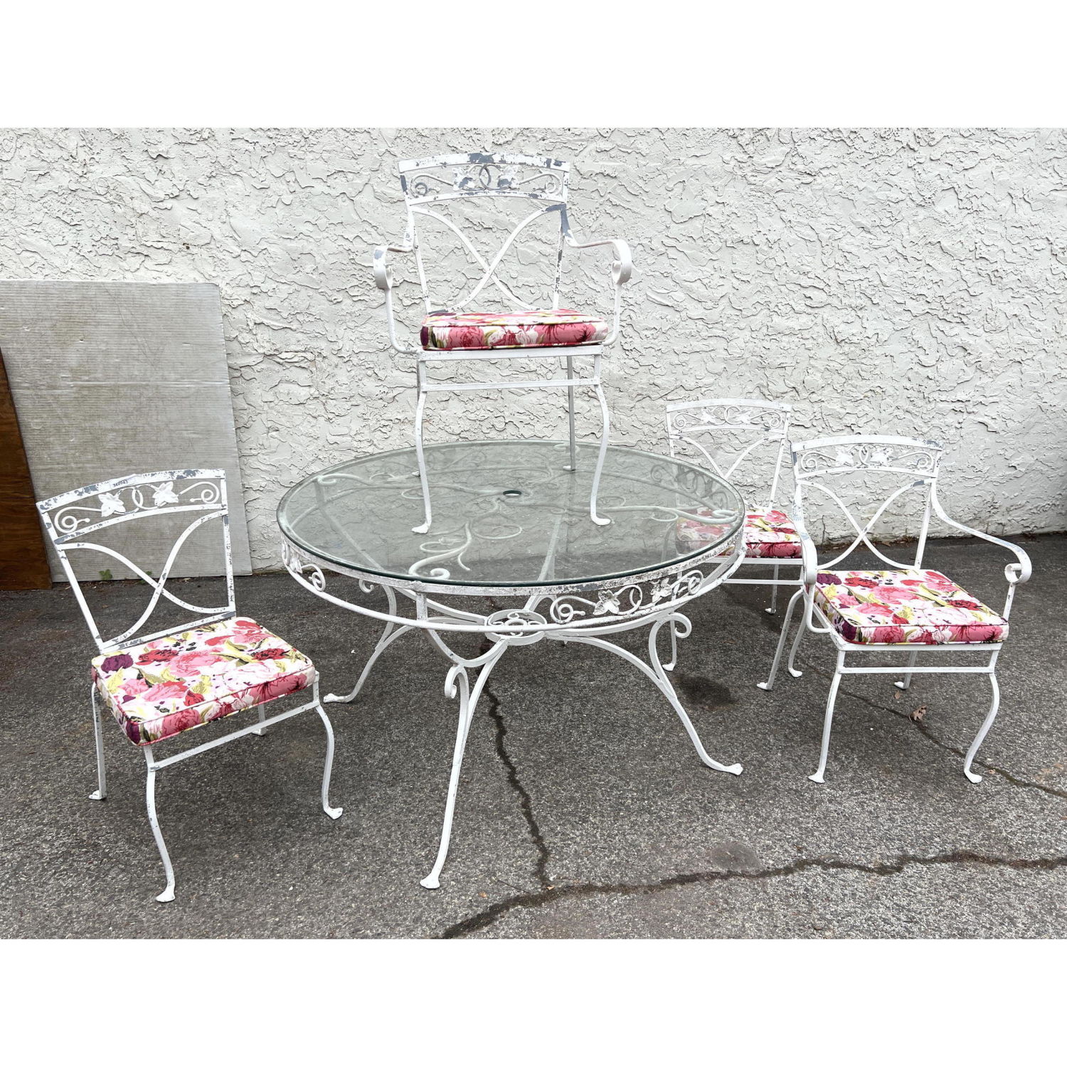 Appraisal: pc White Painted Iron Outdoor Dining Table Chairs Glass Top