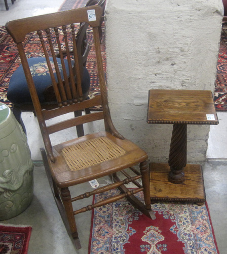 Appraisal: OAK SEWING ROCKER AND PEDESTAL TABLE American late th century