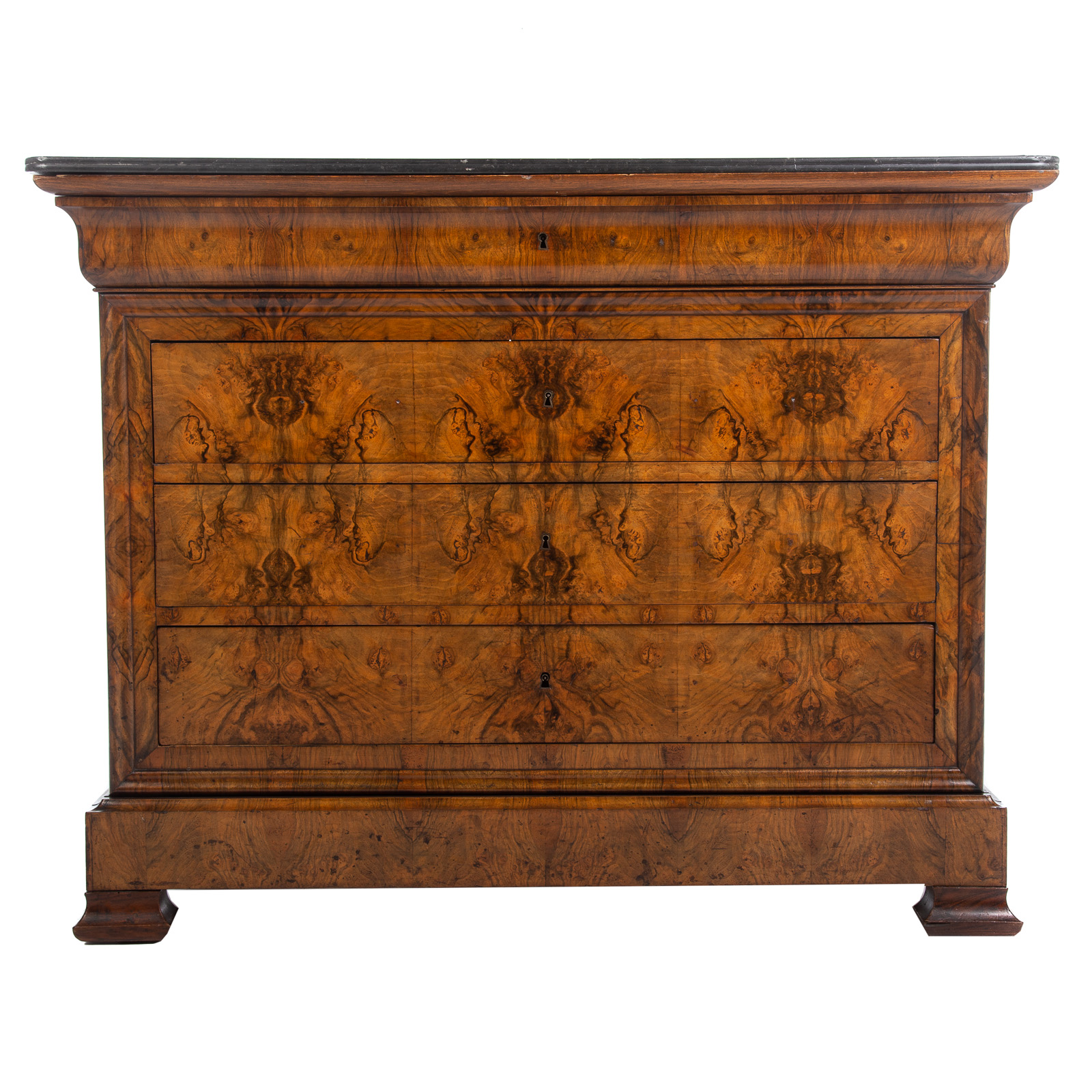 Appraisal: FRENCH MARBLE TOP BURLED WALNUT COMMODE th century top with