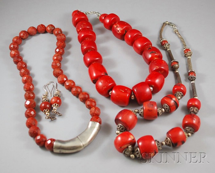 Appraisal: Group of Silver and Coral Jewelry three beaded necklaces and