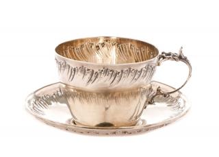 Appraisal: Parisian Silver Handled Cup with Saucer Attributed to Henri-Louis Chenailler