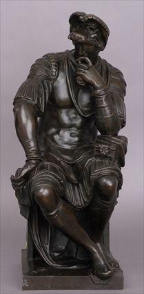 Appraisal: BRONZE FIGURE OF LORENZO DI MEDICI AFTER MICHELANGELO With foundry