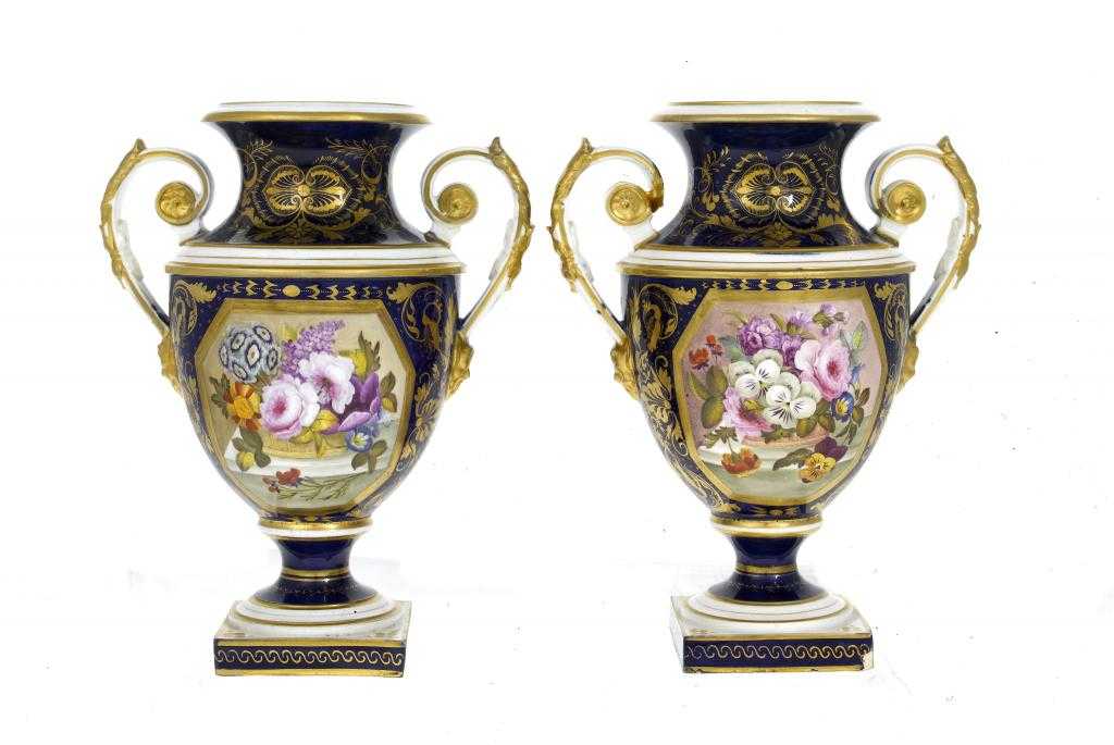 Appraisal: A PAIR OF DERBY COBALT GROUND VASES of shield shape