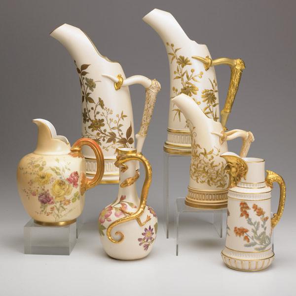 Appraisal: ROYAL WORCESTER Grouping of six jugs late th C three