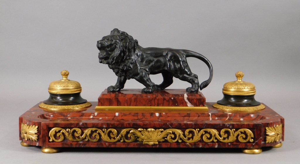 Appraisal: C FRENCH ORMOLU BRONZE ROUGE MARBLE LION INKWELL France th