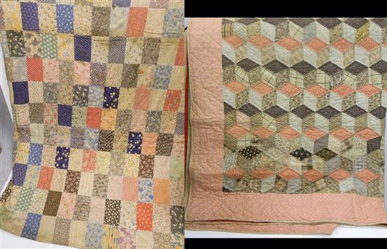 Appraisal: Two polychrome pieced cotton patchwork quilts stains loss as found