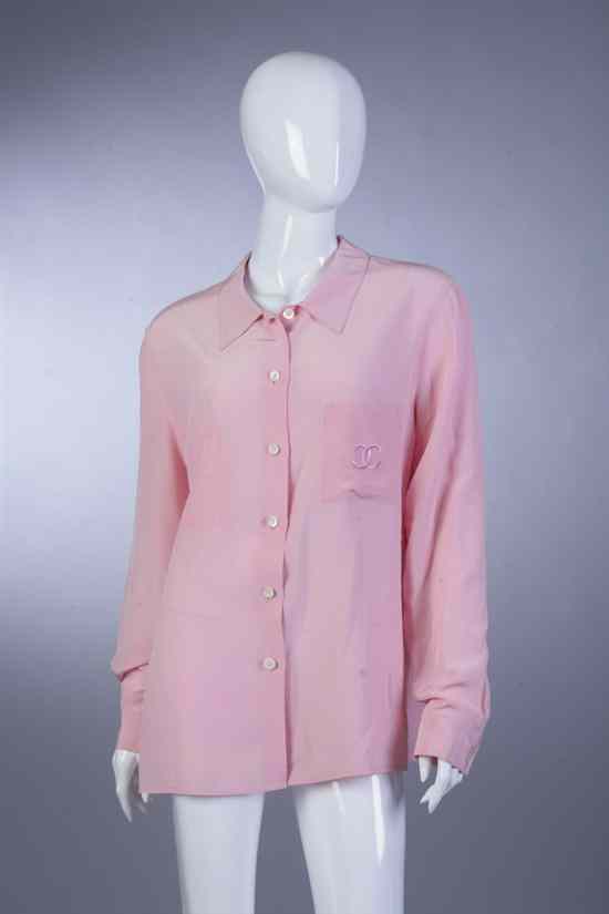 Appraisal: CHANEL PINK BLOUSE late s One pocket with embroidered CC