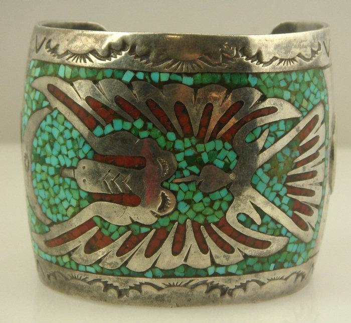 Appraisal: Unmarked Native American silver turquoise and coral inlaid cuff bracelet