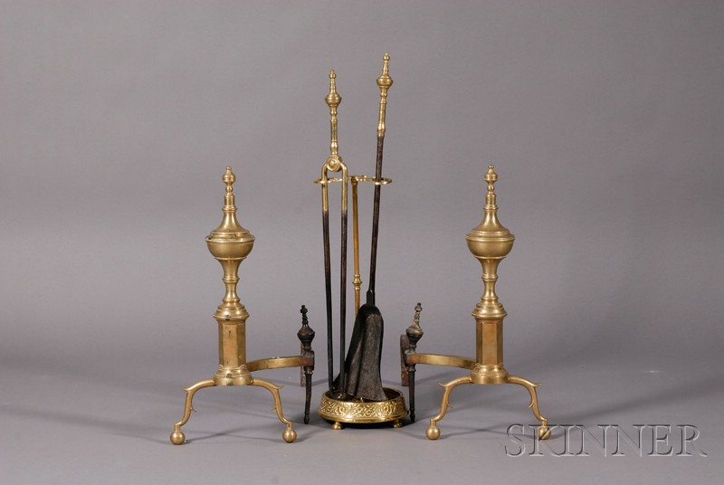 Appraisal: Pair of Brass Urn-top Andirons with Matching Tools and a