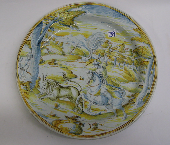 Appraisal: ENGLISH DELFT POLYCHROME CHARGER C tin-glazed painted in blue and