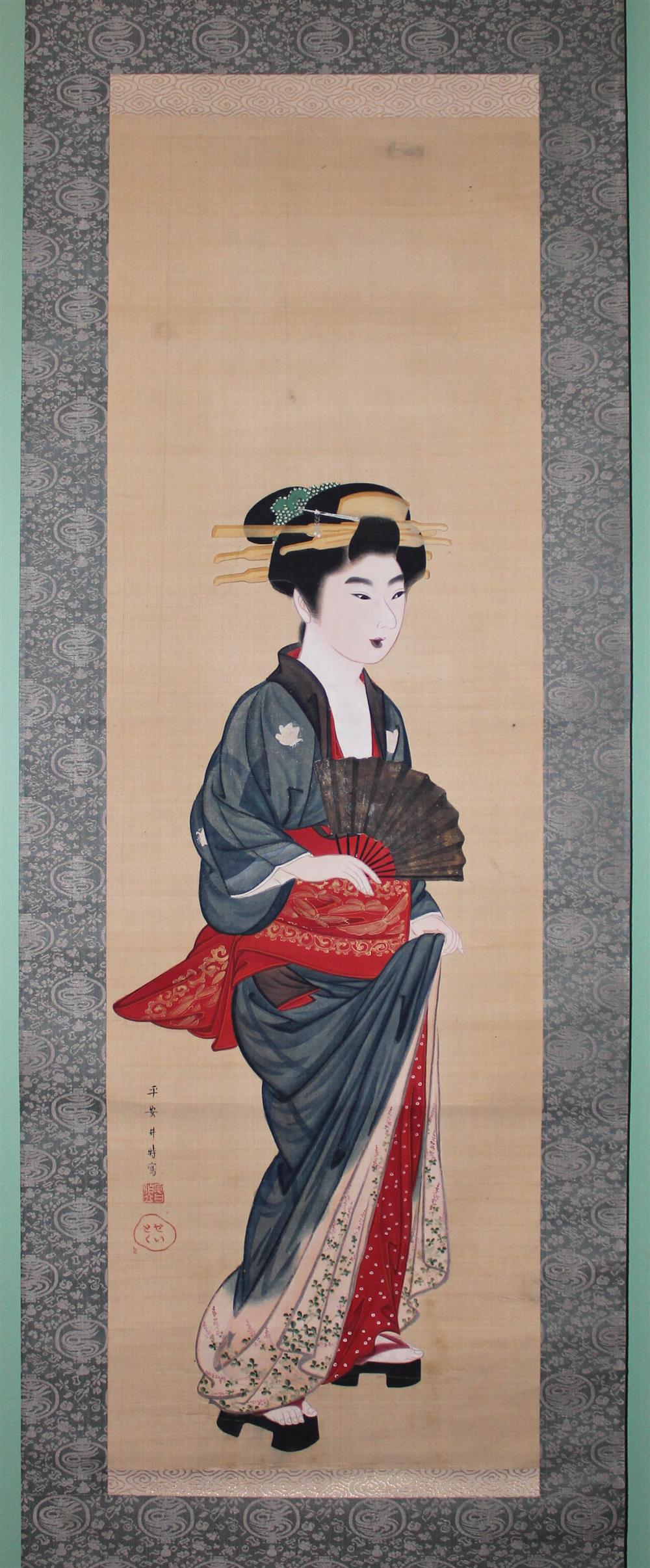 Appraisal: GION SEITOKU JAPANESE - GEISHA WITH FAN EDO PERIOD KANSEI