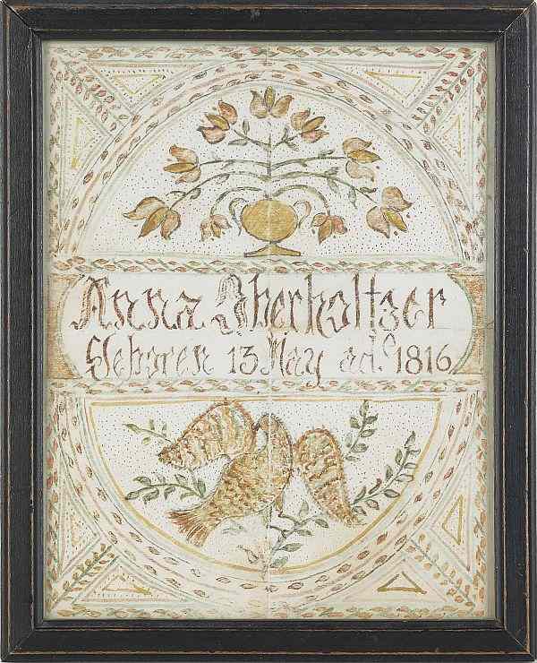 Appraisal: Pennsylvania watercolor and pinprick fraktur birth certificate for Anna Oberholtzer