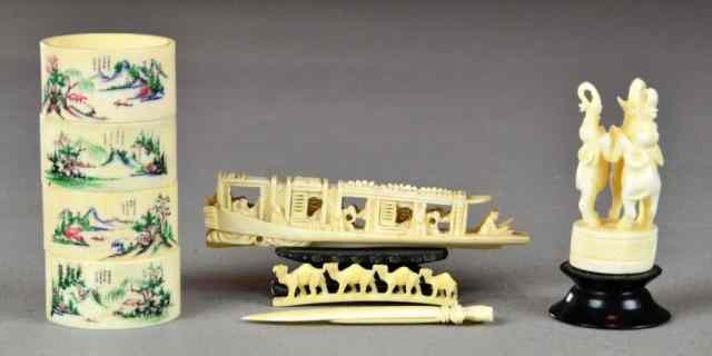 Appraisal: Pieces Asian Indian Carved IvoriesCarved ivory boat or 'junk' and