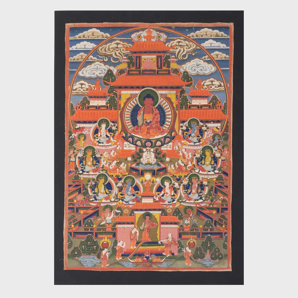 Appraisal: Three Tibetan Thangkas Depicting Padmasabhava Avalokiteshvara and Amitabha The guru