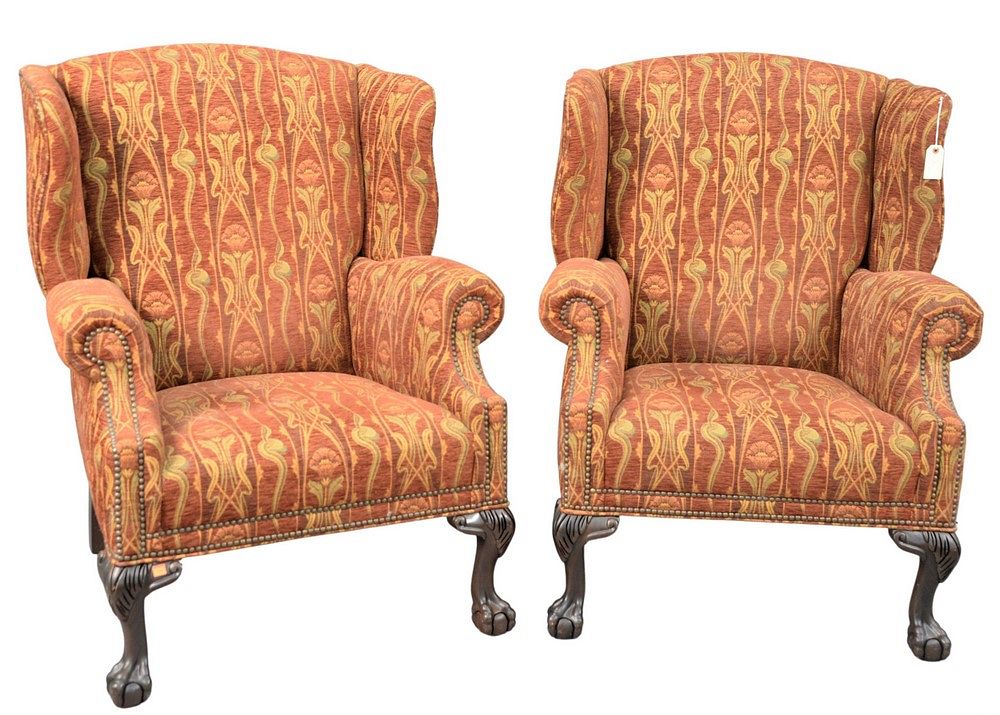 Appraisal: Pair of Hancock and Moore Upholstered Wing Chairs having ball