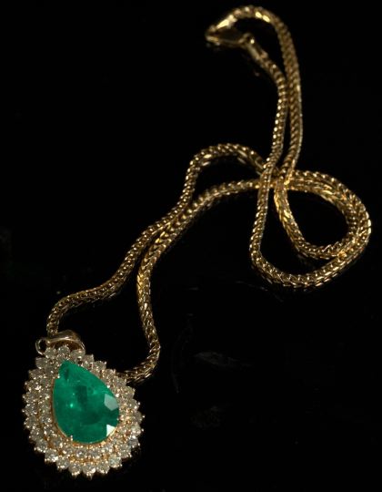 Appraisal: Fourteen-Karat Yellow Gold Emerald and Diamond Pendant with Chain the