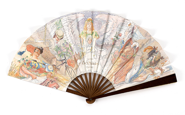 Appraisal: PAPER AND WOOD FOLDING ADVERTISING FAN Front of leaf with