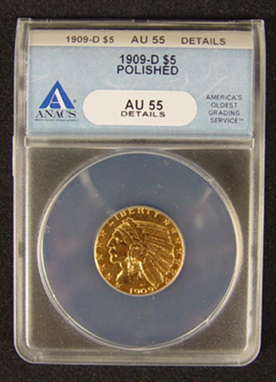 Appraisal: -D Indian Gold Coin ANACS certified and graded AU details-polished