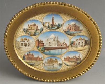 Appraisal: A th century Indian oval ivory panel centred the Taj