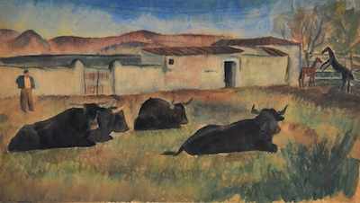 Appraisal: Illegibly Signed Watercolor Mexico ca Farmyard with bulls Watercolor on